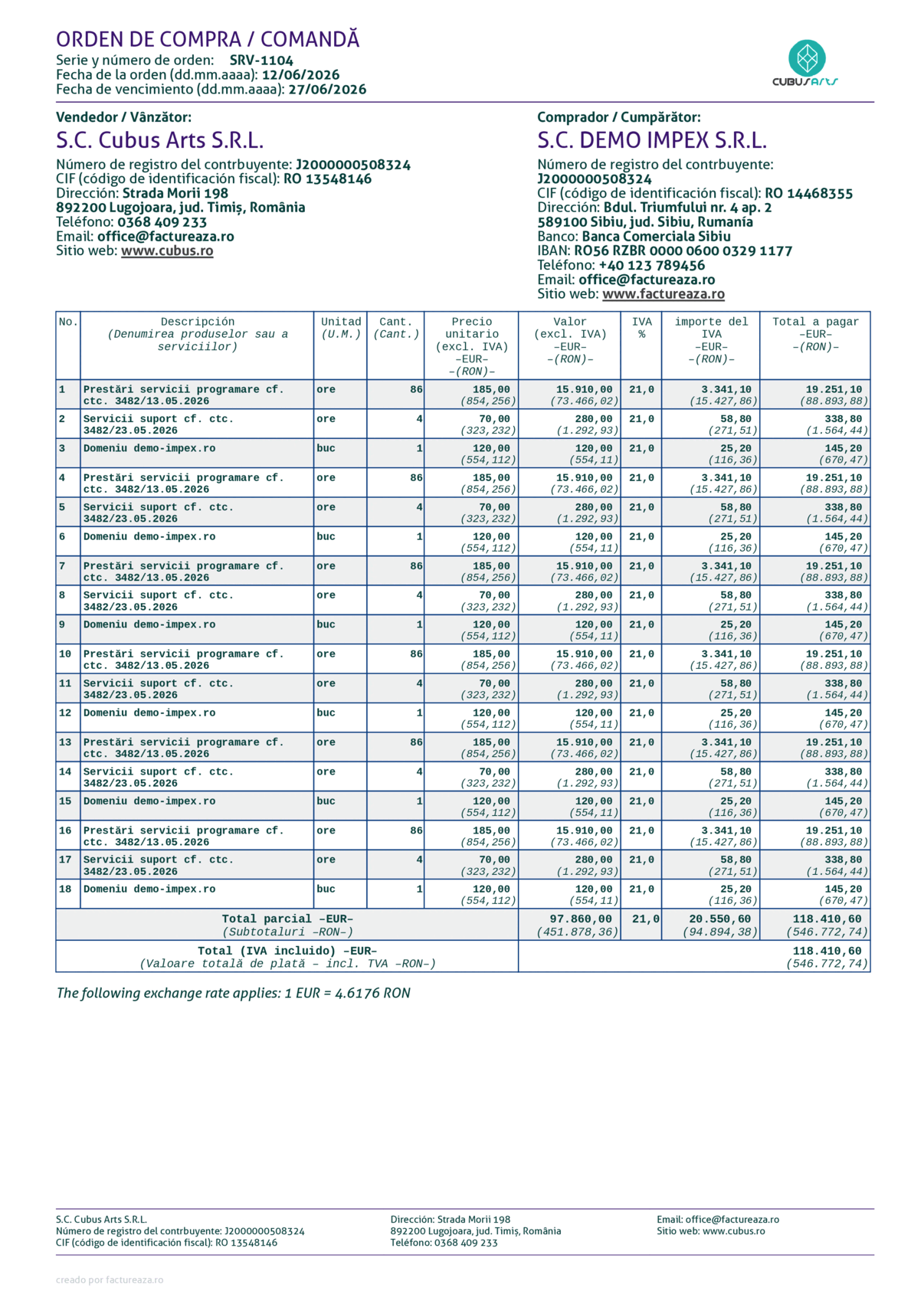 Comandă liste lungi, Euro + RON, spaniolă